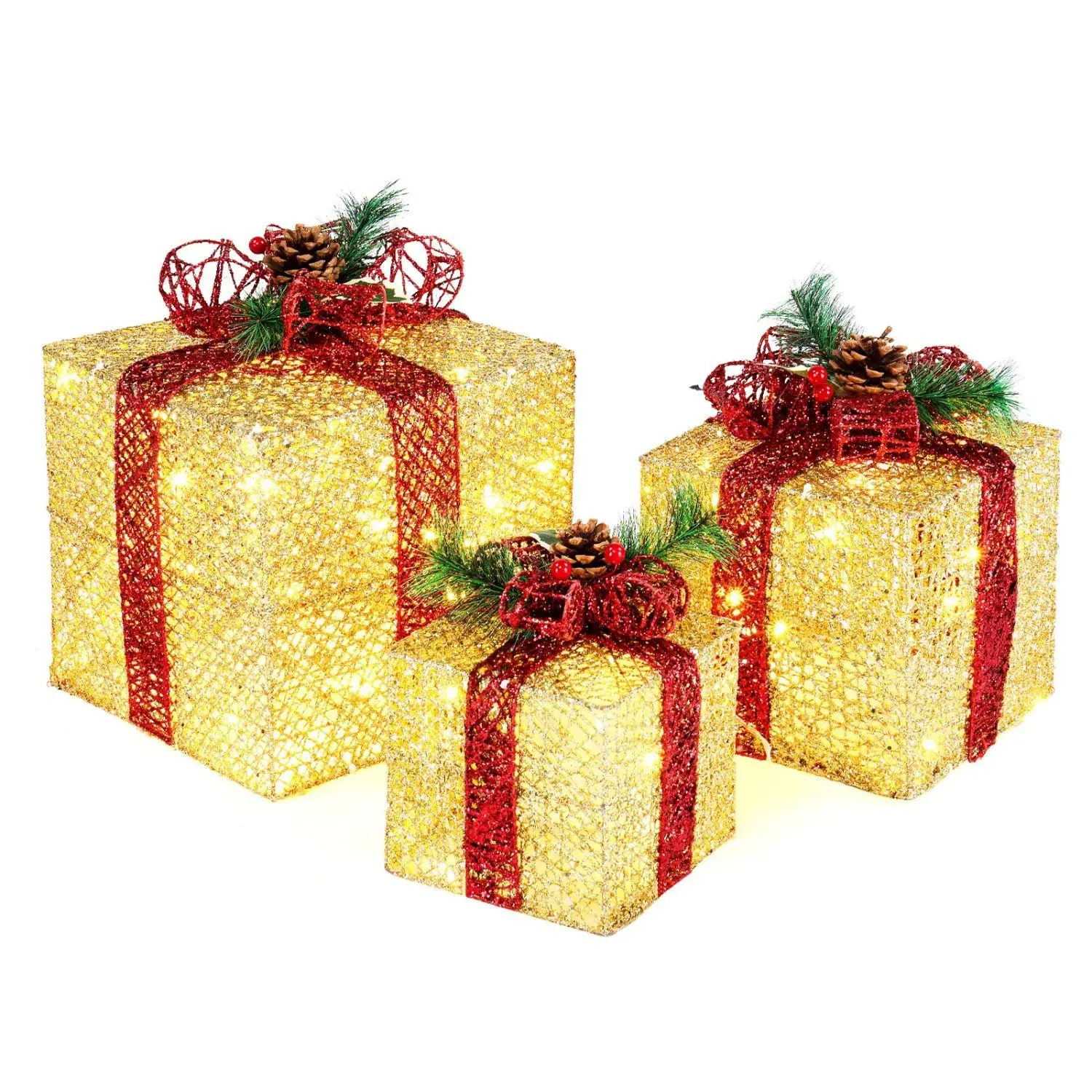 VINGLI Christmas Lighted Gift Boxes Set with Plug, Weather Proof Nestable Present Boxes Ornament Home Decor Pre-lit LED Lights Pre-Secured Bowknot for Indoor or Outdoor Christmas Decorations