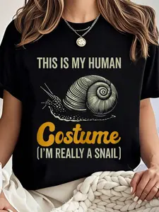 100% cotton This is my human costume I'm really a snail halloween T-Shirt Women Graphic T-Shirt Cotton Print short Sleeve Casual Top, Summer Tee Womens Tops