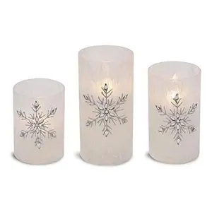 Jeweled Snowflake Iced Glass Flameless LED Pillar Candles – Christmas Flickering Decor Set of 3 | Holiday & Home Decoration