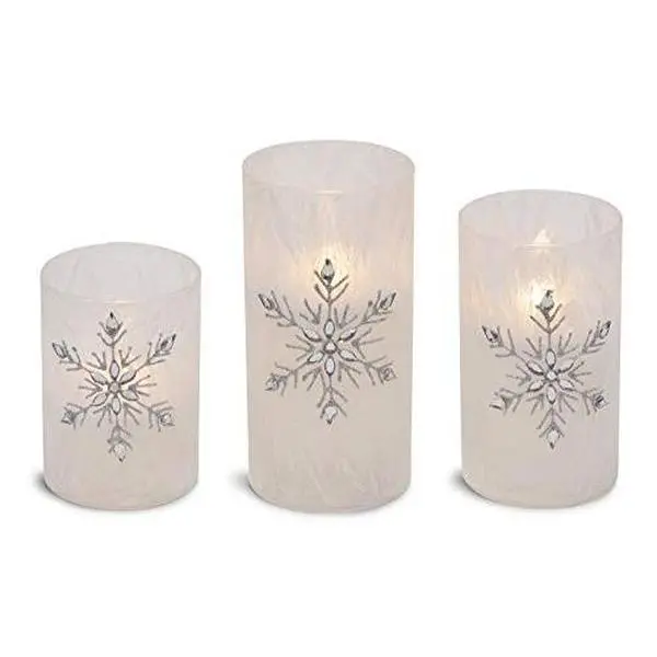 Jeweled Snowflake Iced Glass Flameless LED Pillar Candles – Christmas Flickering Decor Set of 3 | Holiday & Home Decoration