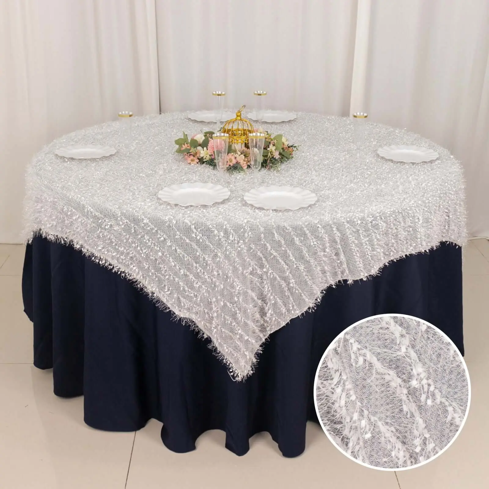 White Polyester Table Overlay - 72in x 72in, Fringe Shag Design, Machine Washable Decoration for Party, Wedding Events
