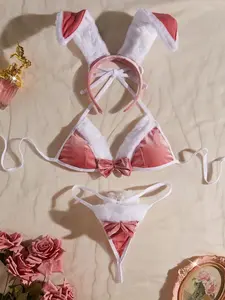 Sexy Lingerie New Three-Point Plush Rabbit Bunny Christmas Theme Powder Role-Playing Uniform No Take Off Game Set Temptation