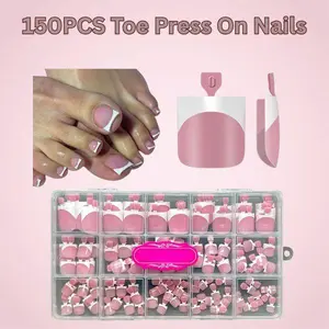 Berry Pink Square French Tip Press On Toe Nails Set, 150PCS Multi-Pack Lightweight Glossy Soft Gel Full Cover False Toenail Extensions, 15 Sizes for DIY Pedicure, Berry Pink Square French Tip Toe Nail Tips