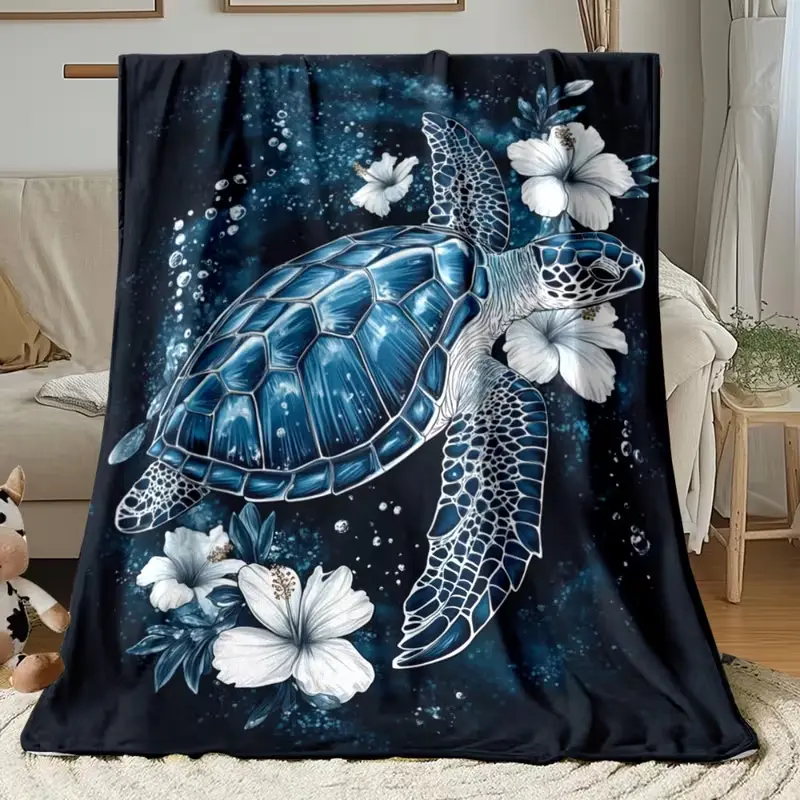 Soft Funny Blue Sea Turtle Art Graphic Throw - Lightweight Flannel Animal Characters Outdoor Blanket for Sofa, Bed, Living Room, Outdoor Blankets, Animal Characters Blankets