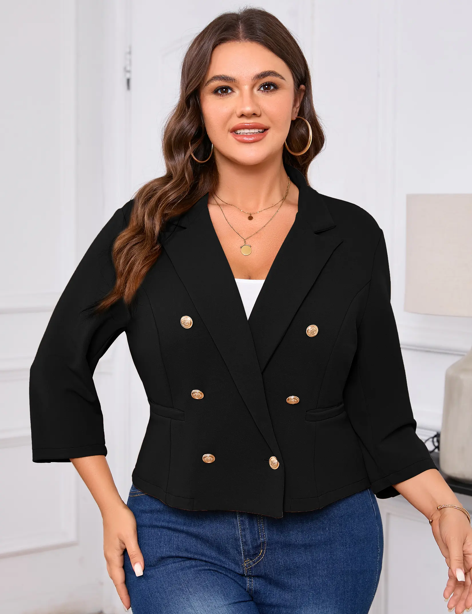 YESFASHION Women's Plus Size Cropped Blazer, Double-Breasted Gold Button Jacket (95% Polyester 5% Spandex) XYZ