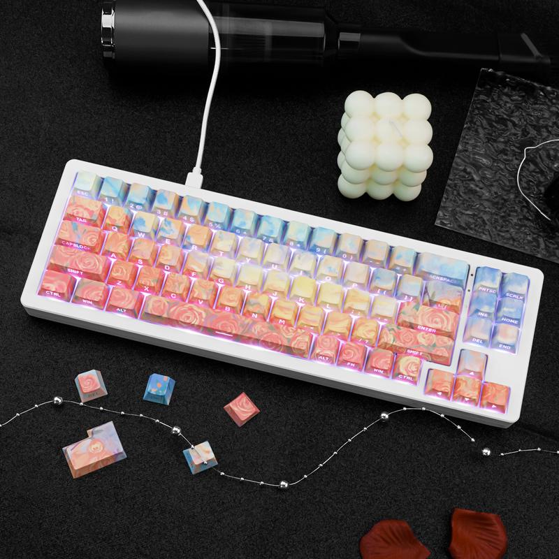 Rose Coast Gradient Oil Painting Style PBT Keycaps Compatible with 61/64/87/104/108 Cherry Switches Side-Engraved Transparent Keycaps Five-Sided Dye-Sublimation Custom Mechanical Keycaps Wear-Resistant Non-Transparent