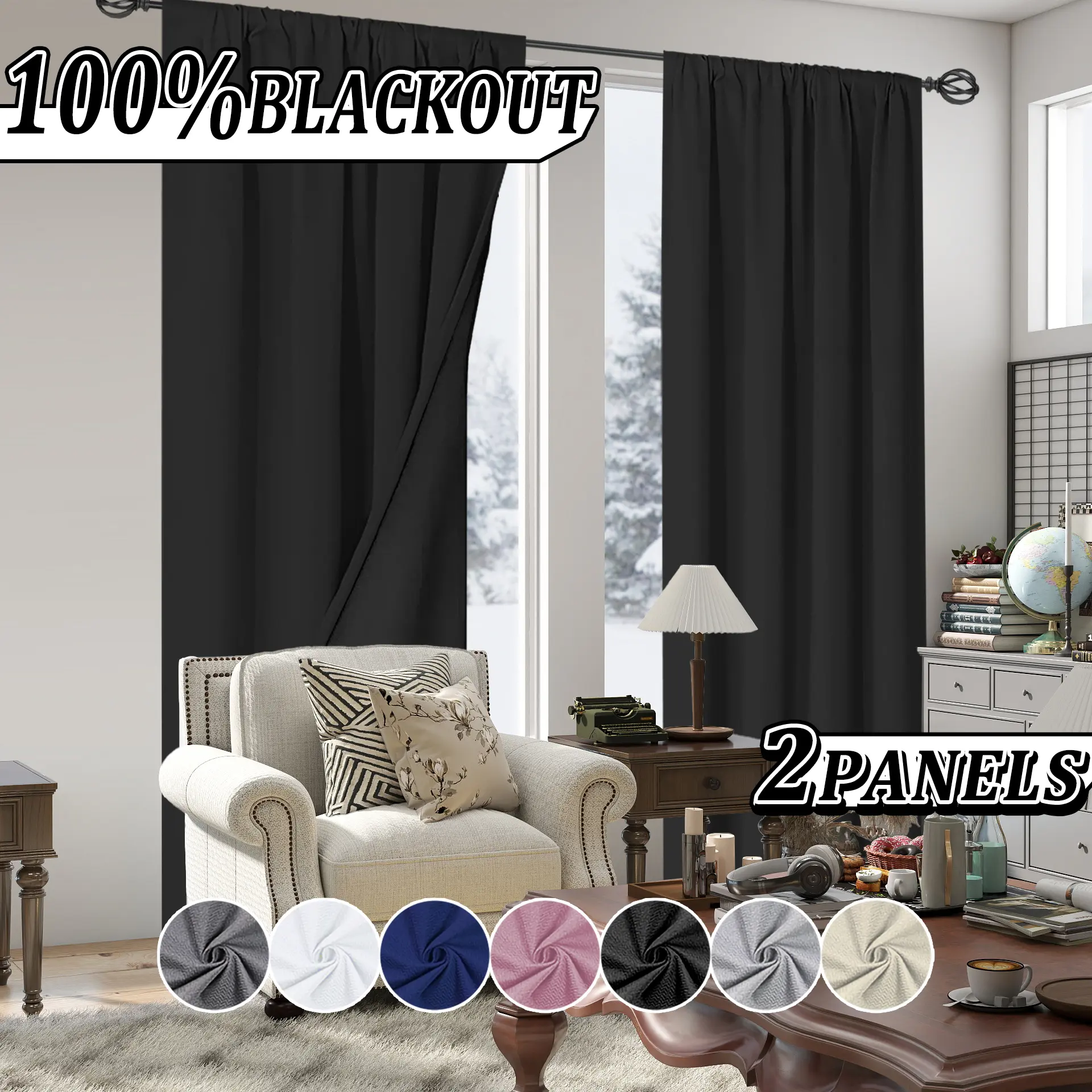 2-piece set, polyester material, 100% blackout film noise reducing and heat-insulating curtains, Window Drapes, hanging through poles, suitable for decorative occasions such as bedrooms, living rooms, offices