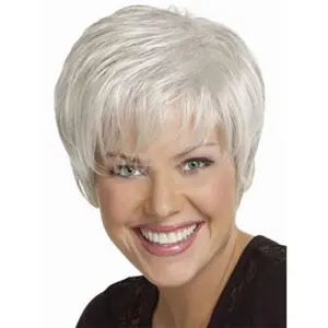 European American Short Straight Wig for Middle Aged Elderly Mothers White Hair