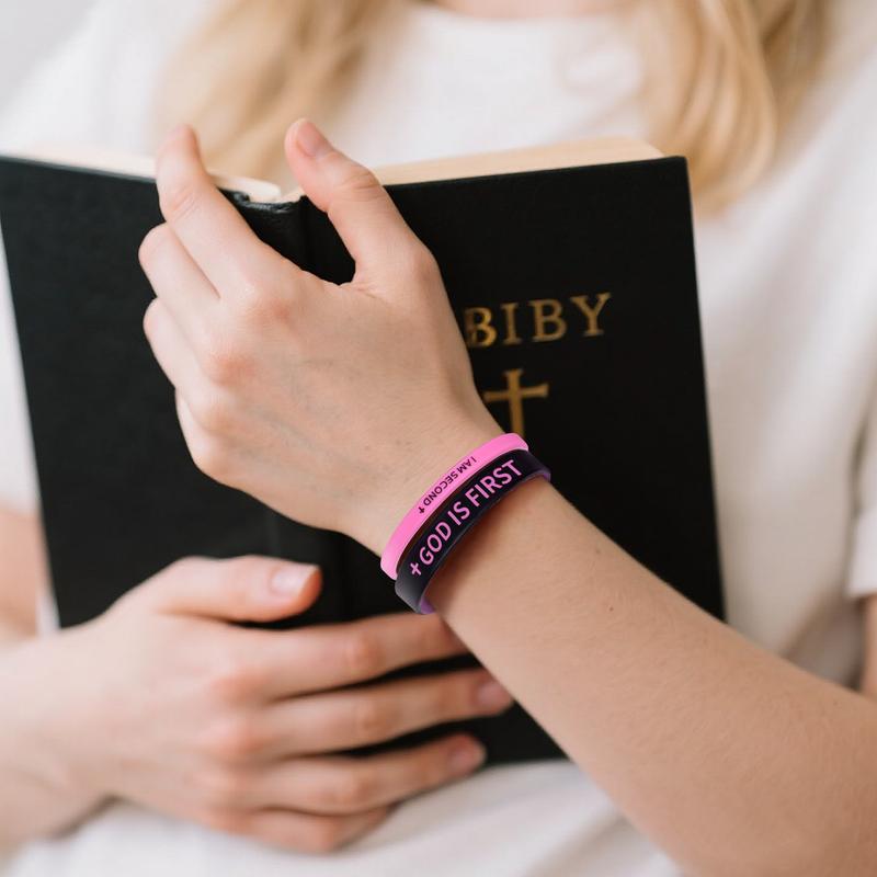 4 Pack GOD IS FIRST IM SECOND Bracelets - Interchangeable Black & White Christian Silicone Bands, Mix & Match Scripture Wristbands, and Uplifting Christian Gift Set for Men Women Teens