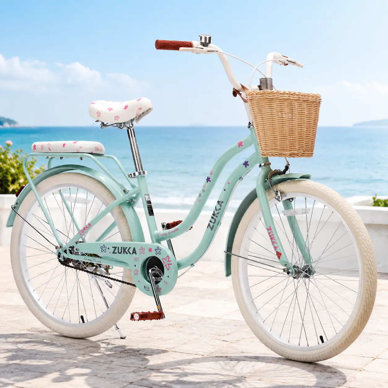 littleox 24 Inch Cruiser Bike for Girls, Single Speed Commuter Bicycle with Wicker Basket & Rear Rack, High Carbon Steel Frame Comfort City Bike for Outdoor Riding