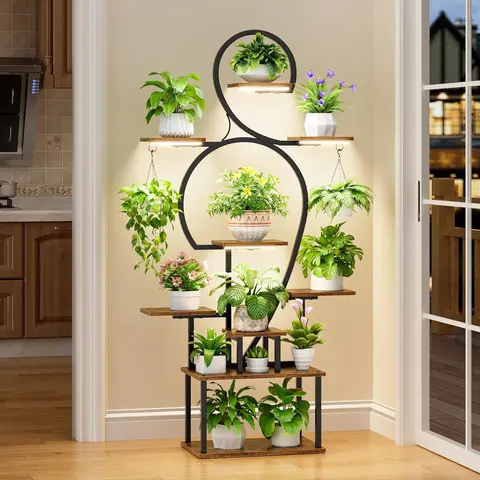 BACEKOLL 9-Tiered 63" Tall Robust & Stable Freestanding Lighted Indoor Plant Stand - Adjustable Secure Metal Frame Home Organizer, Metal-Board Storage Rack with Hanging Plant Hanger, Grow Light, Ceramic Holder for Bedroom, Office