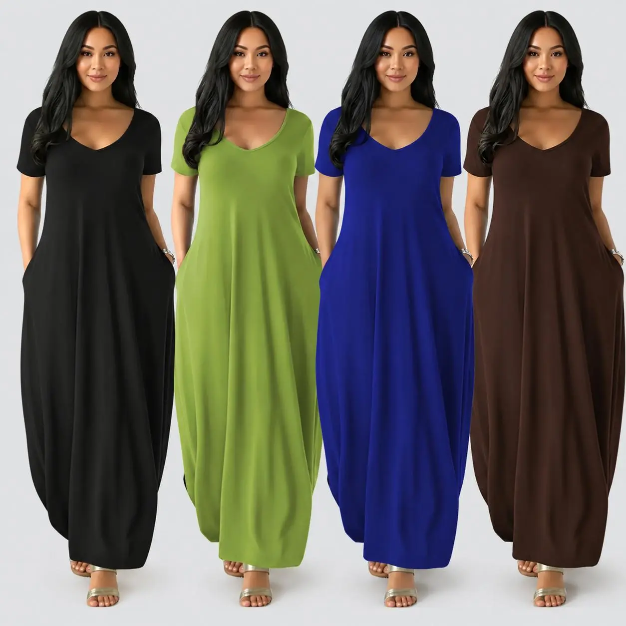 Women's Extra-Long Fitted Loungewear Dress - Large Round Neck, Short Sleeves, Pockets, Soft Fabric, All-Season, Comfortable Elegant Style, Black (Sports & Outdoor Casual Everyday Wear)