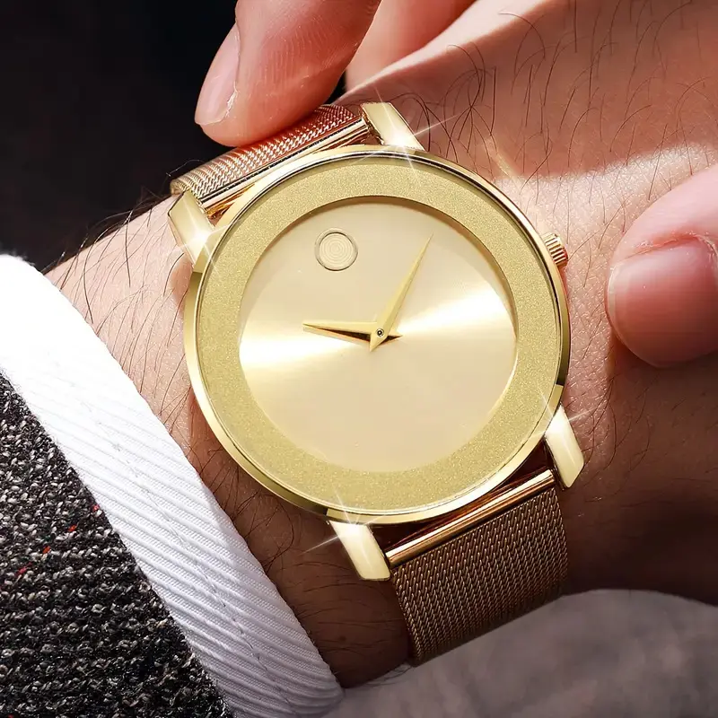 1 elegant gold quartz watch, men's and women's styles, fashionable analog display, mesh strap, alloy case, electronic drive, non rechargeable button battery, Quartz Movement, Two-Tone Quartz Watches