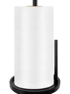 Paper Towel Holder Countertop, Standing Paper Roll Holder with Anti Slip Weighted Base, Stainless Steel Freestanding Paper Towel Holder for Kitchen, Black