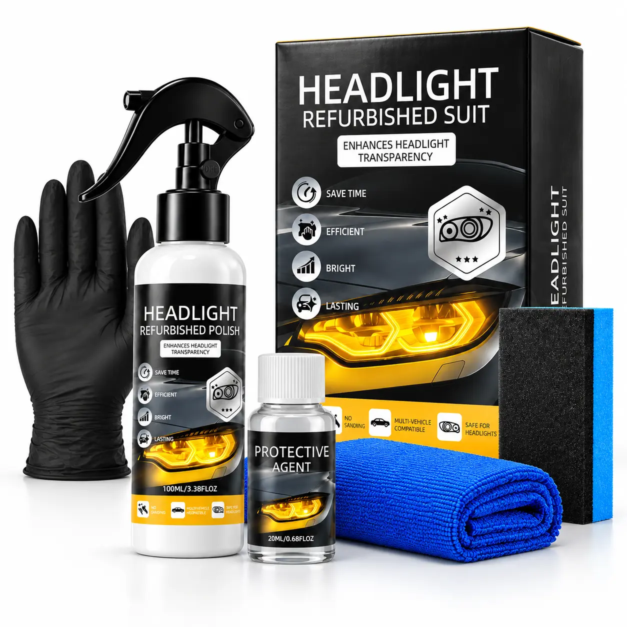 DEBEIDI DIY Easy Headlight Restoration Fluid Kit - Car Detailing Tool with Oxidation Fixer, Crystal Coating Sealant, Protective Agent for Yellowed Foggy Headlamps, Restores Shine & Refurbishes Auto Headlamps