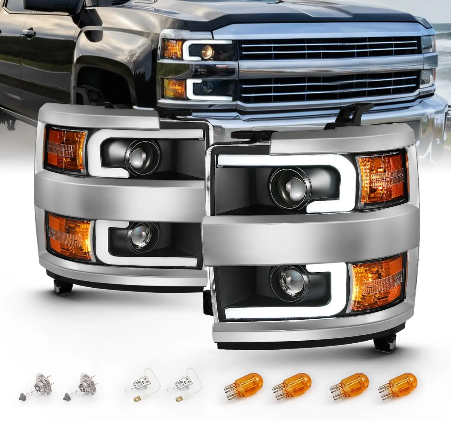 AmeriLite for 2015-2019 Chevy Silverado 2500HD 3500HD Work Truck Black Quad Projector Headlights w/Dual LED Tube Replacement Assembly Set - Passenger and Driver Side