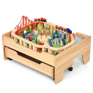 Costzon Train Table, Wooden Kids Activity Table w/ Railway, City, Tracks, Cars, DIY Design, Large Multipurpose Playset for Children,Gift for Boys & Girls