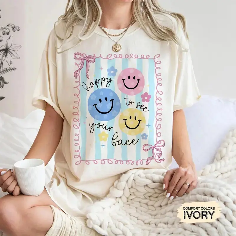Comfort Colors Happy To See Your Face Shirt, Back to School Teacher Gift, Daisy Teacher T-Shirt, Teacher Life Graphic Tee, Cute Teacher Appreciation Shirt for Women -DPCLICK