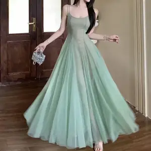 Forest Style Artistic Green Spaghetti Strap Dress for Women, Summer Vacation Style, Backless Mesh Fairy Waist-Cinching Flared Long Dress Formal Womenswear Basic Minimalist Workwear Sleeveless(Sheet)