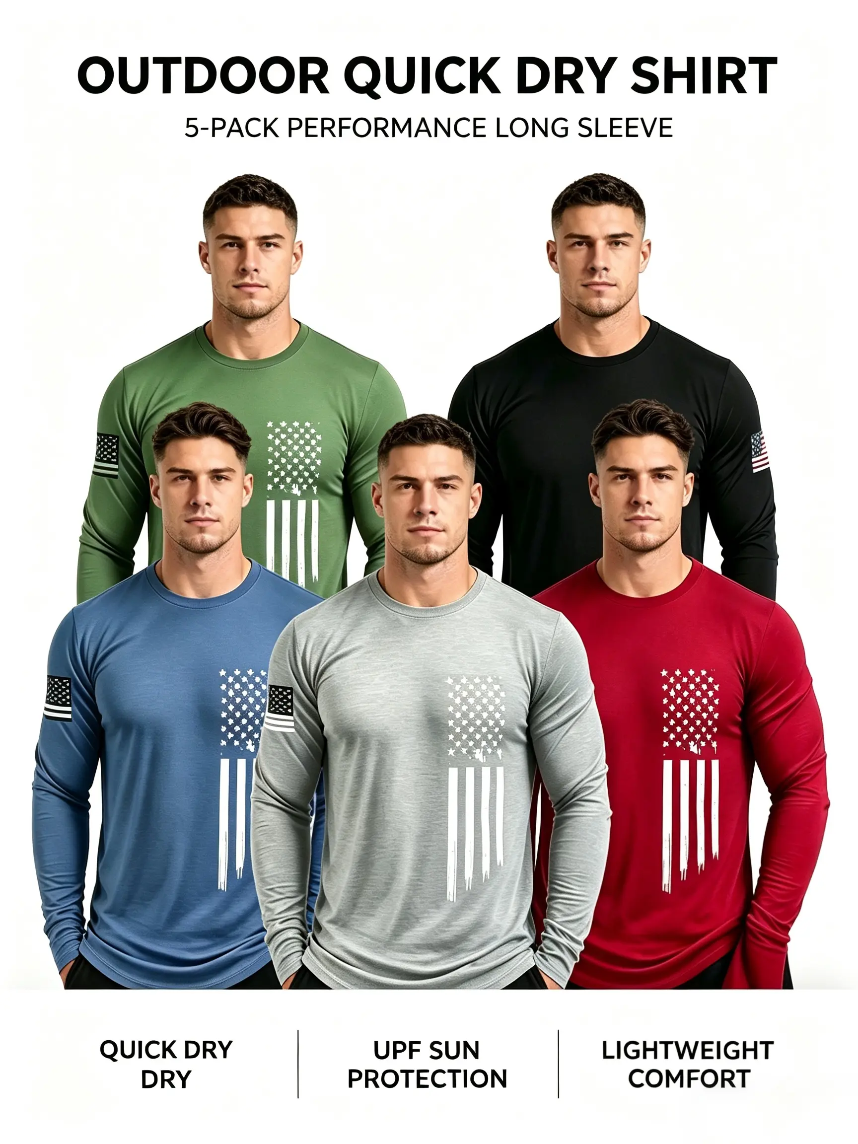 Men's Athletic Long Sleeve Shirts 5-Pack - Quick Dry Fitness Base Layers with American Style Design