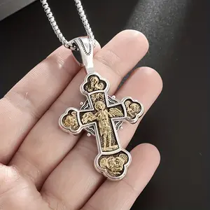 MaxBling81 Stainless Steel Saint Michael Archangel Cross Shape Pendant, 3mm 24" Long Rolo Chain Link Necklaces - Unisex Daily Fashion Religious Jewelry Accessory