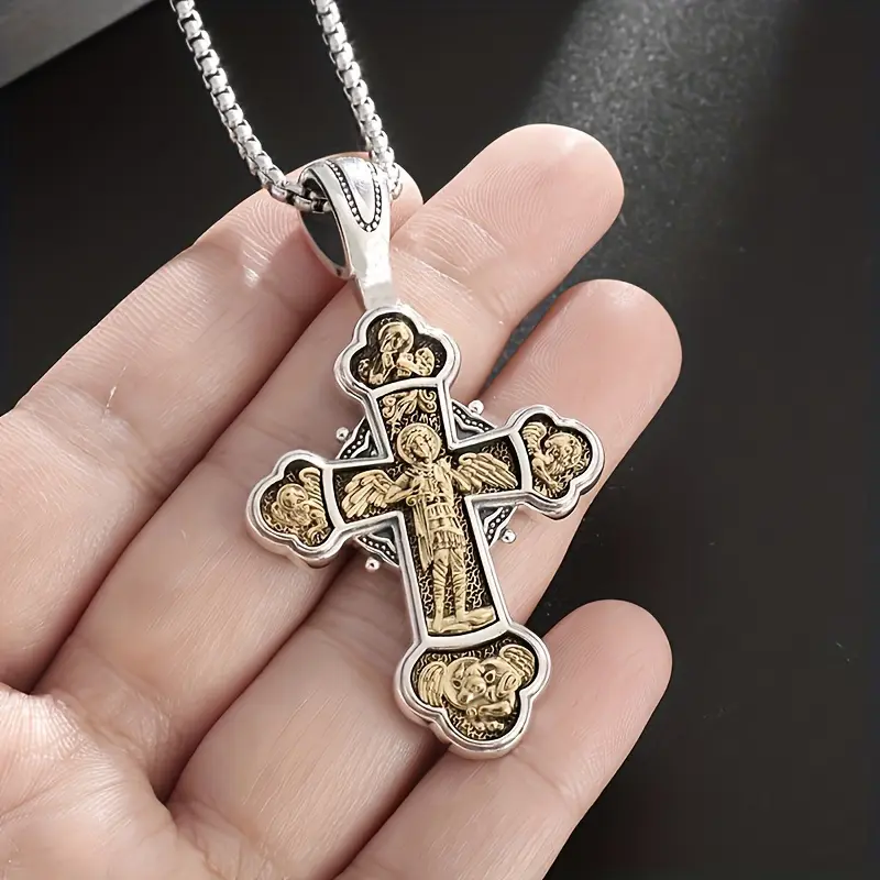 MaxBling81 Tarnish-Free Stainless Steel Saint Michael Archangel Crucifix Pendant Necklace, 3mm 24" Rolo Chain Link - Unisex Tarnish Proof Religious Image Jewelry Gift Accessory, Tarnish Proof Jewelry, Stainless Steel Necklaces