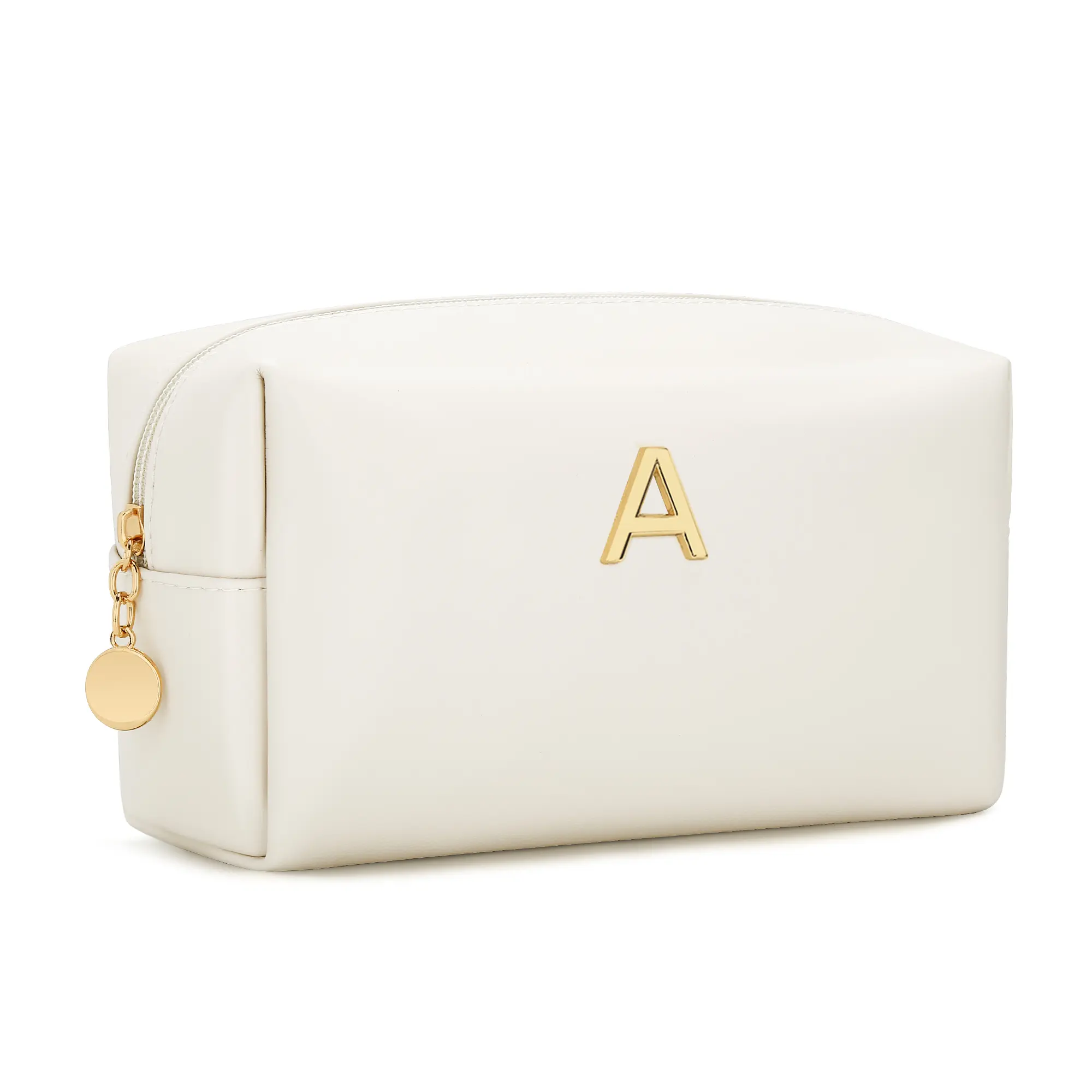 CLOUDWINGS Personalized Initial Makeup Bag PU Leather Waterproof Travel Toiletry Bag for Women Bridesmaid Gifts 8x3x5 inches Spacious Main Compartment & Gold Hardware