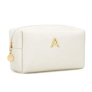 CLOUDWINGS Personalized Initial Makeup Bag PU Leather Waterproof Travel Toiletry Bag for Women Bridesmaid Gifts 8x3x5 inches Spacious Main Compartment & Gold Hardware