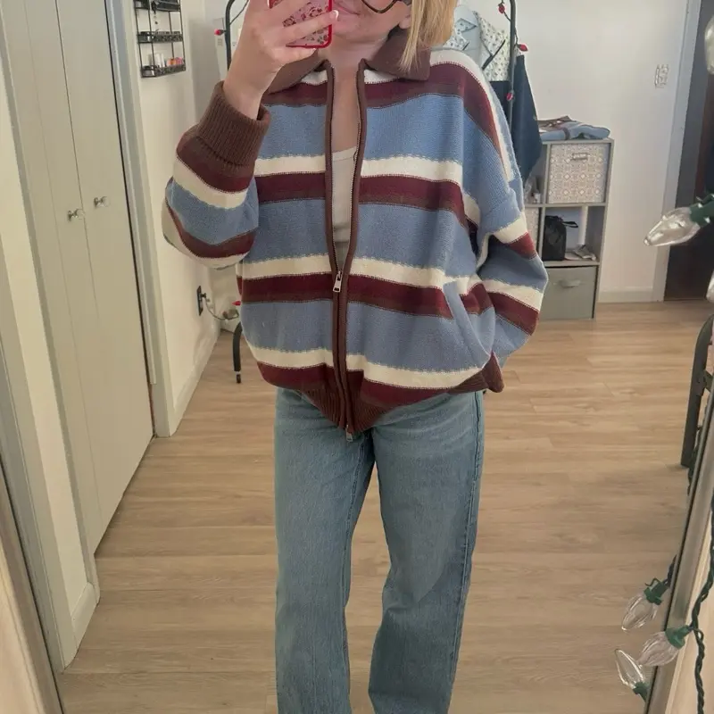 Cranberry Striped Sweater Zip Up - Cozy Striped Design, Perfect for Layering, Ideal for Casual Outfits