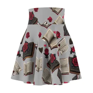 Skater Skirt, Book Lover Romance Readers Roses Hearts Patterned Women's Clothing Apparel, Gift for Her, Cute Flare Circle Mini Skirt,