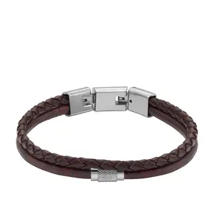 Fossil Men's Machine Knurled Texture Brown Leather Multi-Strand Bracelet