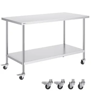 【fathersdaygift】VEVOR Stainless Steel Work Table30x60x38 InSmoothwith 4 Wheels3 Adjustable Height LevelsHeavy Duty Food Prep Table with Shelf for Commercial KitchenSilver