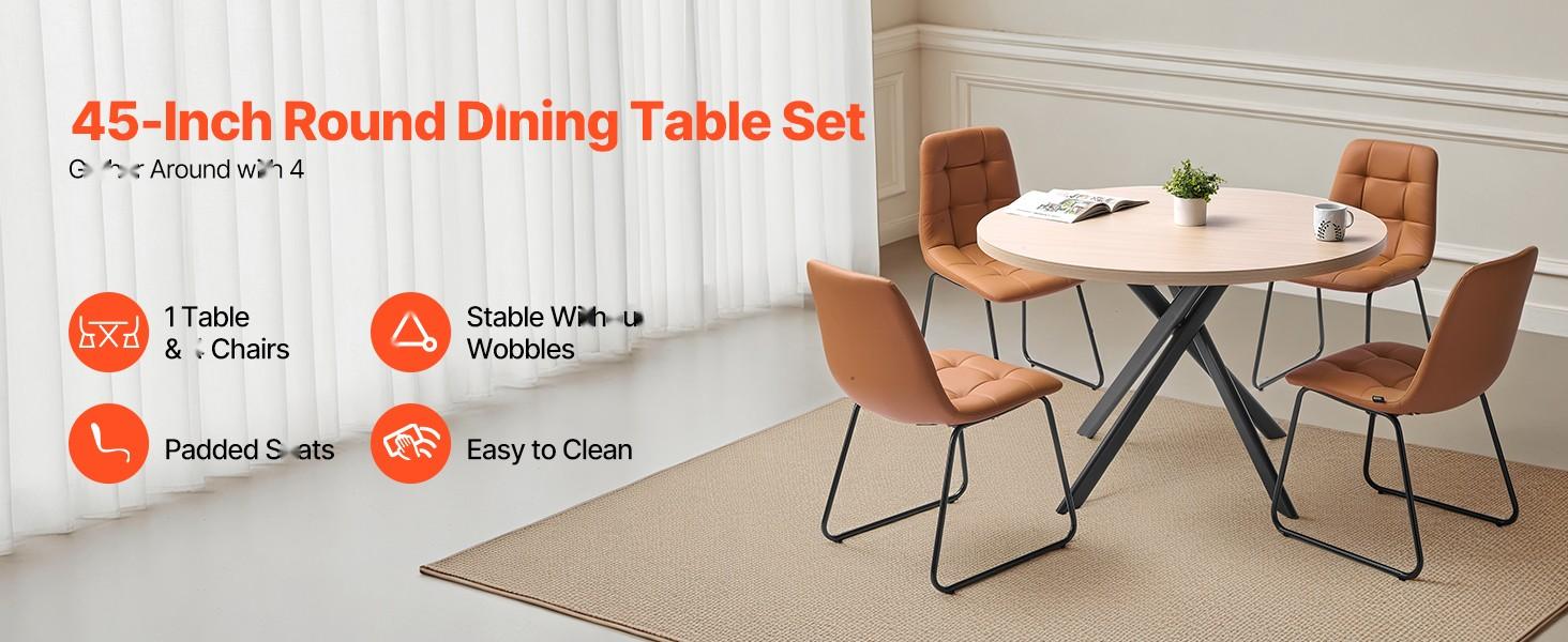 5-Piece Round Dining Table Set For Small Spaces - Space-Saving Kitchen Table With 4 Upholstered Orange Chairs, PU Leather Cushions, Modern Wood-Tone Finish, Adjustable Foot Pads, Ideal For Dining Room