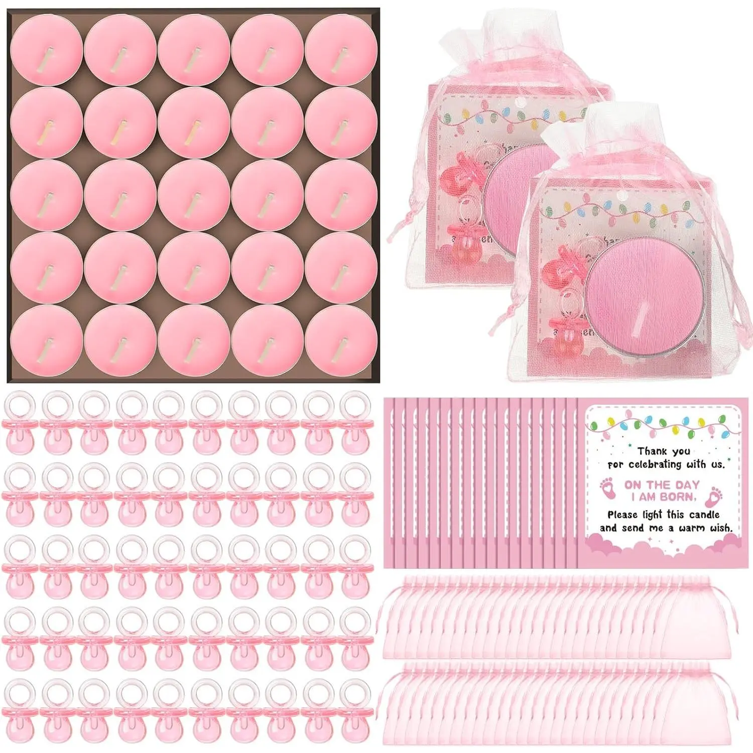50 Sets Pink Heart-Print Party Shower Favors for Guests - Includes Pacifiers, Light Candles, Thank Tags, Drawstring Chiffon Bags - Birthday Gift Ideas for Gender Reveal Parties