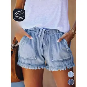 Women's Plain Drawstring Waist Denim Shorts, Summer Clothes for Women, Back To School Outfits, Shorts for Women, Casual Fashion Pocket Jean Shorts for Daily Wear, Fall Bottoms for,  Jeans for Women,  Fall Clothes 2024