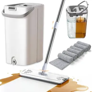 oshang Mop and Bucket Set for Home Floor Cleaning, Hands Free Flat Mop, Stainless-Steel Handle, 6 Washable & Reusable Microfiber Pads
