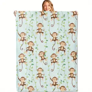 Cute Monkey Blanket, 50x60inch Piece, Soft and Lightweight Flannel, Vine and Jungle Fun Blanket - Gift for Adults and Animal Lovers, Suitable for Sofa, Office, Travel, Home Living Room Decoration, 280gsm Printed Fabric, Local Warehouse Delivery