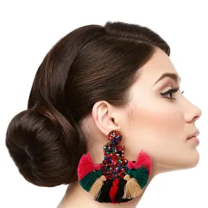 Aria Beaded Tassel Earrings - Embroidered Drop Design, Knotted Fan Tassel, 3.75 Inches Wide, Featuring Colorful Beads and Sequins