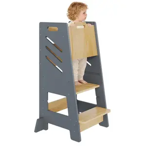 Learning Tower 3-Level Adjustable Kids Step Stool - Pococub Flush Counter Height Tower (Grey/Wood)