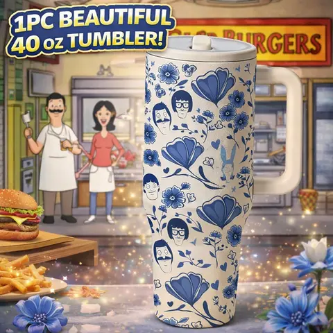 1pc 40oz Stainless Steel Insulated Tumbler with Handle, Insulated Travel Drinkware, Blue Floral Print Travel Mug with Lid, Large Capacity Cup for Water, Coffee, Tea and Iced Drinks, Reusable Portable Car Cup for Home, Office, Outdoor Use, Gift for Wo
