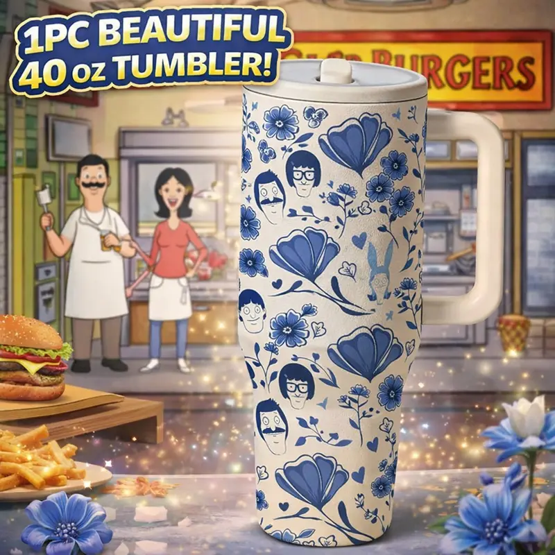 1pc 40oz Stainless Steel Insulated Tumbler with Handle, Insulated Travel Drinkware, Blue Floral Print Travel Mug with Lid, Large Capacity Cup for Water, Coffee, Tea and Iced Drinks, Reusable Portable Car Cup for Home, Office, Outdoor Use, Gift for Wo