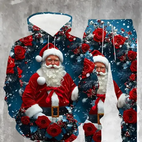 Christmas Santa Claus 3D Print Hoodie Set, Man, Outfit, Rose Design, Fitted Long Sleeve, Comfortable Fit, Holiday, Fall & Winter