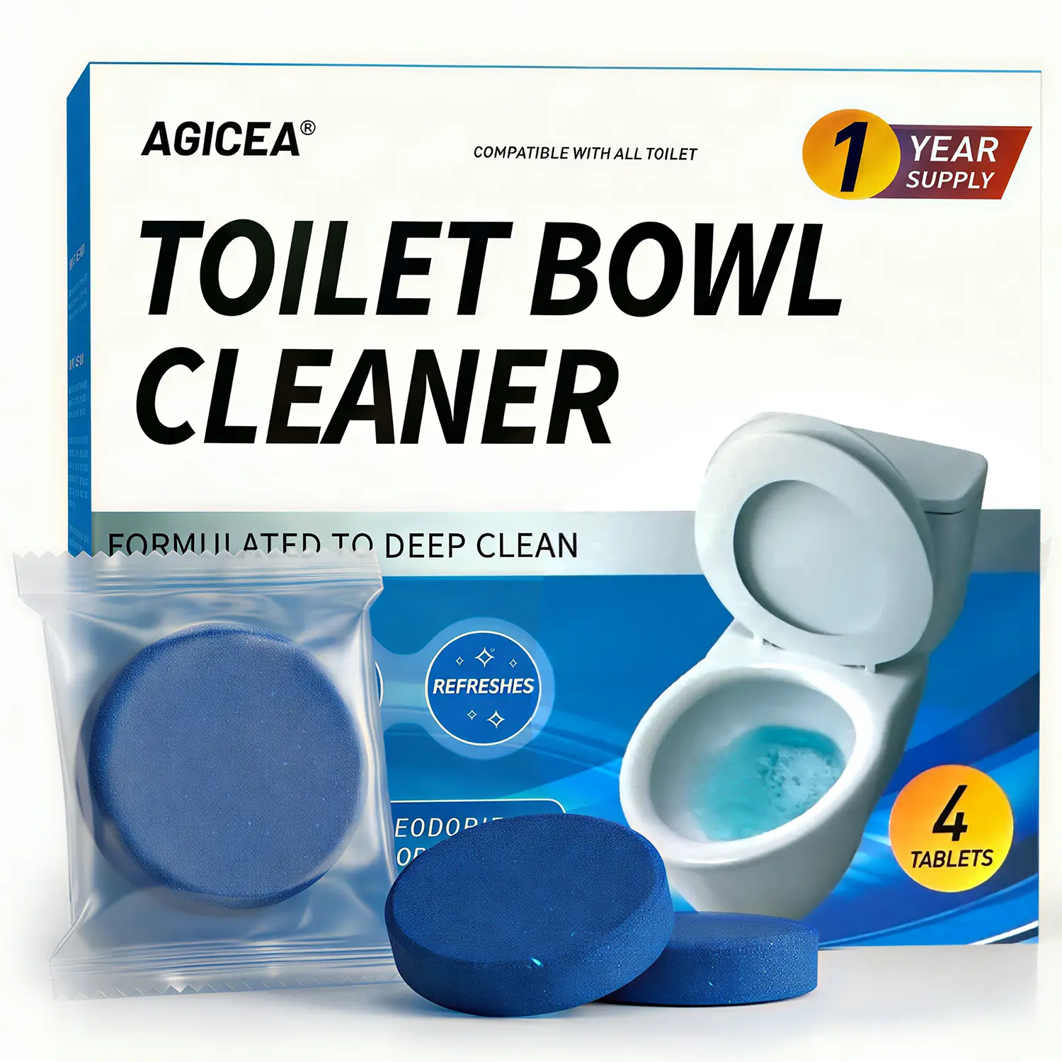 AGICEA Automatic Toilet Bowl Cleaner Tablets,Put in the Toilet Tank,Long-Lasting Bathroom Tank Cleaner with Refreshing Fragrance, 4 Pack，Each tablet lasts for 7 days，Summervibes