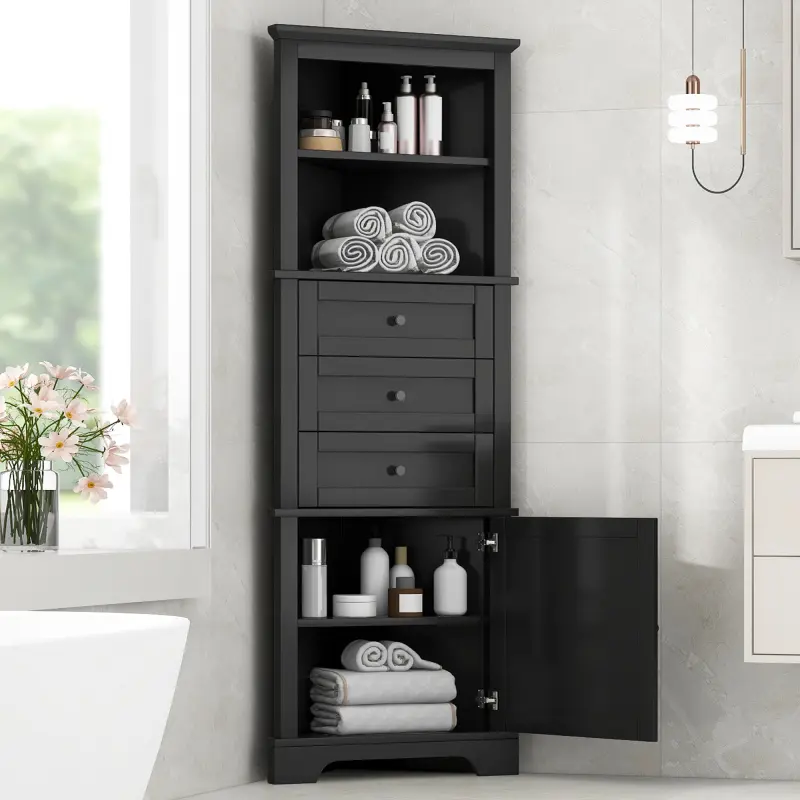 Tall Triangular Bathroom Corner Storage Cabinet with 3 Drawers, Adjustable Shelves, MDF Board Painted Finish (Black) for Small Spaces, Living Room, Three Drawers