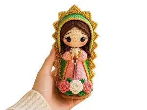 Handmade Crochet Our Lady Of Guadalupe Doll - Premium Virgin Mary Amigurumi Statue With Roses, Catholic Religious Gift Box Home Decor Figurine