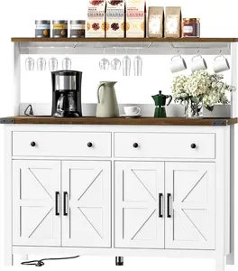 Hutch Storage Cabinet Buffet with Drawers, and Charging Station, Coffee Bar Cabinet with Barn Doors, Wine Rack and Hooks, Countertop, Long Farmhouse, White, for Kitchen, Dining Room, 54.1" High