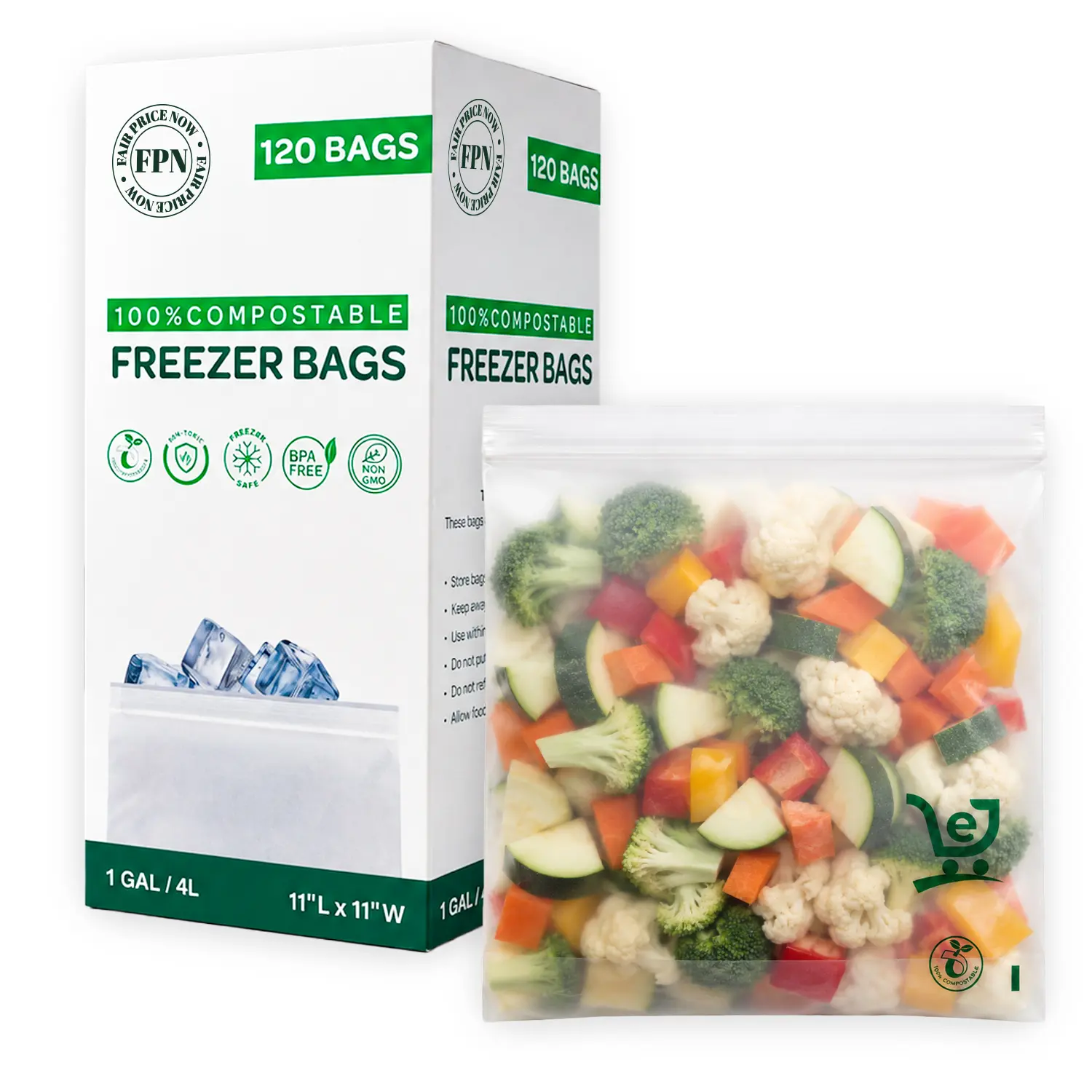 FPN Compostable 1-Gal Freezer Zip Bags, 120-Count Resealable Leak-Resistant Airtight Plant-Based Containers for Meal Prep, Home Kitchen Storage Supplies