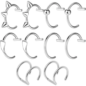 10 Pcs Silver Fake Lip Ring,Adjustable Stainless Steel Fake Lip Piercing,Body Jewelry Non Piercing Lips Cuff Vampire Teeth Ring,for Men and Women Lips Cuff Party Cosplay Accessories