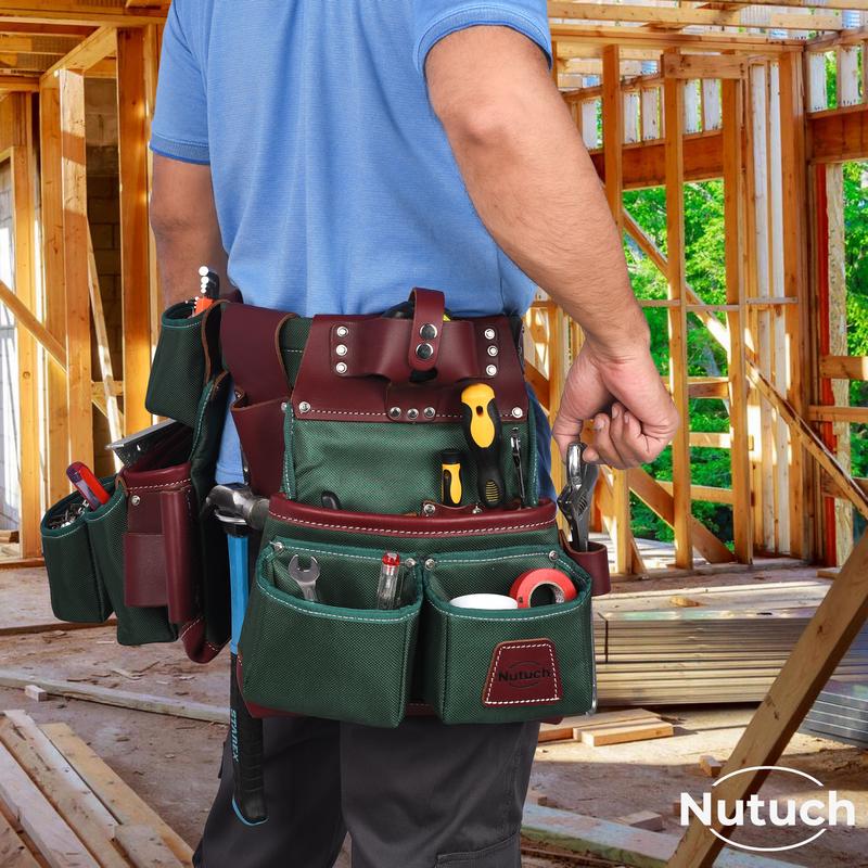 NUTUCH Green Heavy Duty Nylon and Leather Tool Belt for Carpenters, Framers, and Electricians