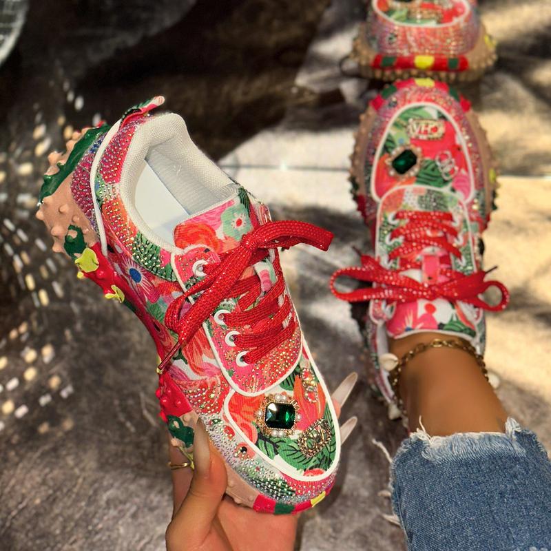Women Casual Rhinestone-Embellished Sneakers Fashion Beaded Walking Shoes Outdoor Non-Slip Flat Shoes